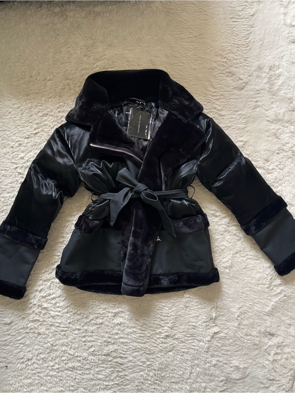 Manière De Voir Black Faux-Fur Trim Belted Women's Jacket - Picture 11 of 11